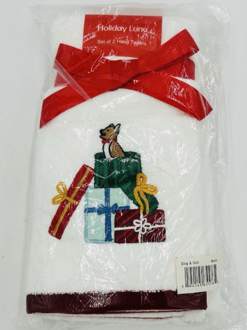 Holiday Lane Hand Towels NEW Set Of 2 Presents and Dog Design 16"x28"